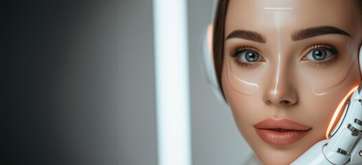 Female and robot face closeup on white blurred digital background. Artificial intelligence in virtual reality. Robot head conceptual design closeup portrait beauty Industrial technology concept.