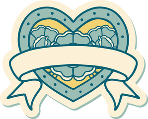 tattoo style sticker of a heart and banner with flowers