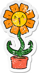 distressed sticker of a happy cartoon flower