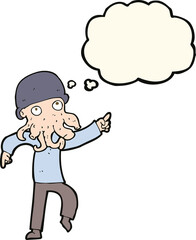 cartoon alien man dancing with thought bubble