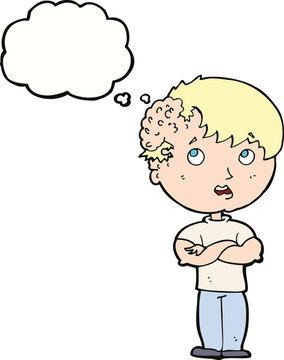 cartoon boy with growth on head with thought bubble