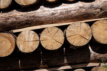 Gestapeltes, rissiges, trockene Rundholz als Hintergrund oder Textur