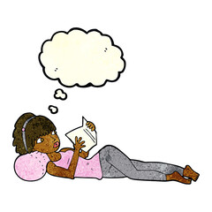 cartoon pretty woman reading book with thought bubble