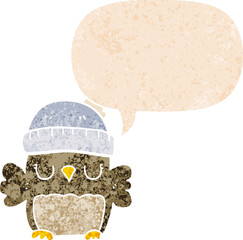cute cartoon owl in hat and speech bubble in retro textured style