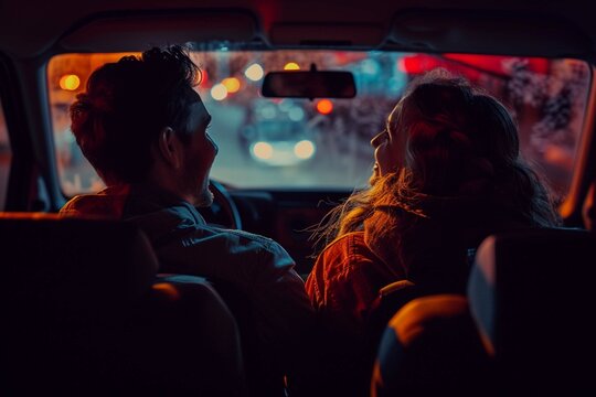 Couple in love watching a movie in a drive-in cinema theater in the evening