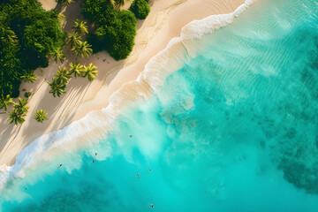 Tropical beach landscape featuring palm trees, waves, and a picturesque horizon under a sunny sky