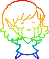 rainbow gradient line drawing cartoon crying elf girl
