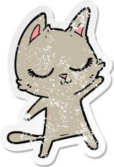 distressed sticker of a calm cartoon cat waving
