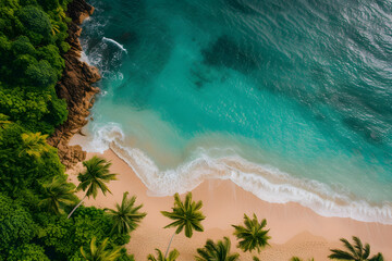 Tropical beach landscape featuring palm trees, waves, and a picturesque horizon under a sunny sky
