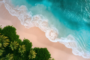 Tropical beach landscape featuring palm trees, waves, and a picturesque horizon under a sunny sky