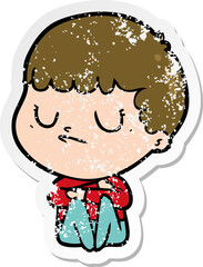 distressed sticker of a cartoon grumpy boy