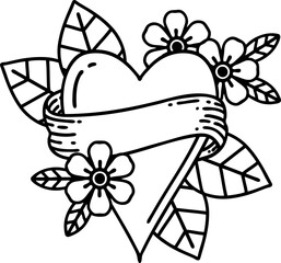 black line tattoo of a heart and banner