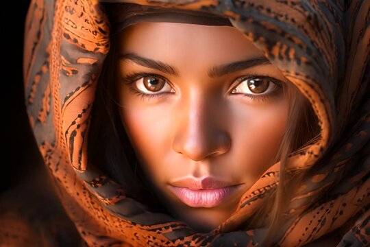 Woman with golden eyes peering through an orange patterned scarf.