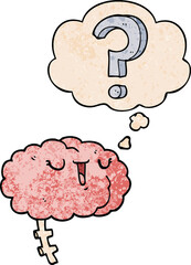 cartoon curious brain and thought bubble in grunge texture pattern style