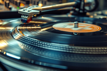 dynamic composition of a DJ playing vinyl records, with motion blur conveying the fast-paced rhythm of the music