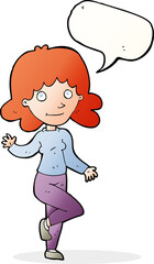 cartoon friendly woman waving with speech bubble