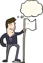 cartoon man planting flag with thought bubble