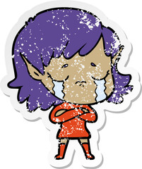 distressed sticker of a cartoon crying elf girl