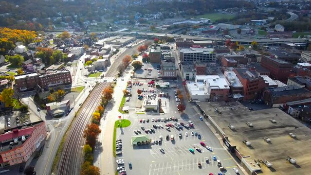 ancient city of Cumberland in Maryland. Autumn colors of the hills. Cumberland Railroad and Churches. Drone photography.

