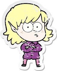 distressed sticker of a cartoon elf girl staring