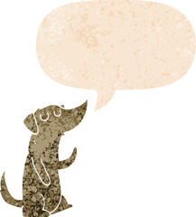 cartoon dog and speech bubble in retro textured style