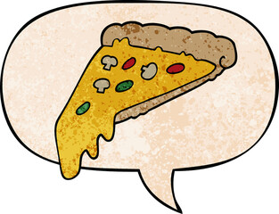 cartoon pizza slice and speech bubble in retro texture style