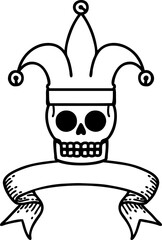 black linework tattoo with banner of a skull jester