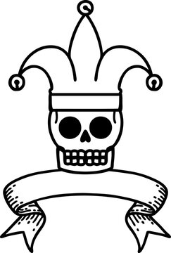 recommend clip art: black linework tattoo with banner of a skull jester