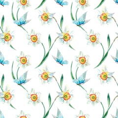 Daffodils and butterfly pattern, watercolor. Illustration isolated on white background. Cards, invitations, wrapping paper, textiles, wallpaper.