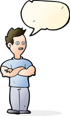 cartoon man with crossed arms with speech bubble