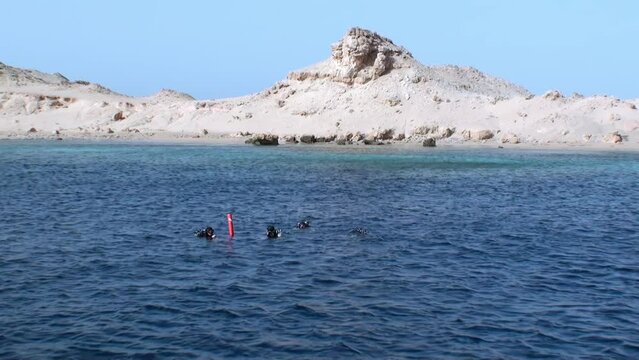 Group of divers on surface of water behind backdrop of sandy mountains Red Sea. Crystal clear waters were teeming with life and divers marveled vivid picture around them.