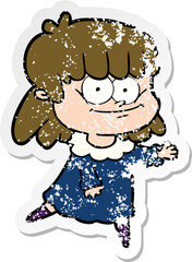 distressed sticker of a cartoon smiling woman