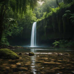 Obraz premium waterfall in the equatorial rain forest with soft light