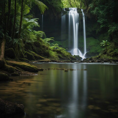waterfall in the equatorial rain forest with soft light