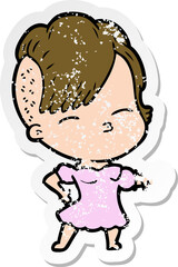distressed sticker of a cartoon squinting girl pointing