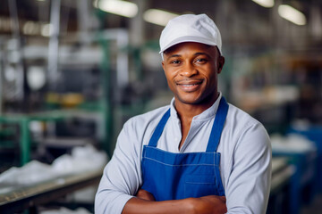 Portrait of a good looking smiling African American young man store worker standing in a grocery warehouse Young male factory assistant selective focus