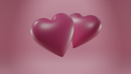 two pink hearts, 3d render, love concept. alpha channel