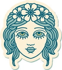 tattoo style sticker of female face with crown of flowers