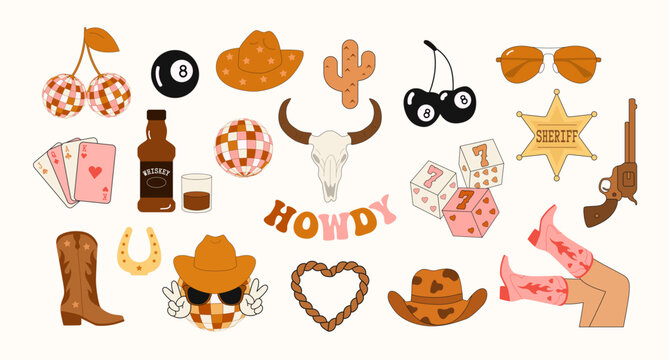 Cowboy. Groovy cowboy icons set. Flat vector illustration