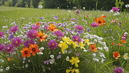 A beautiful bouquet of colorful flowers in a meadow 