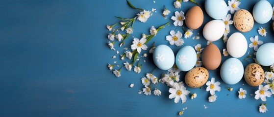 Fototapeta na wymiar Eggs and Daisies on Blue Background