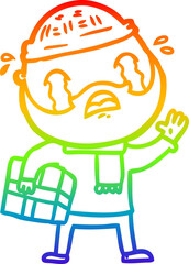 rainbow gradient line drawing cartoon bearded man crying with christmas present