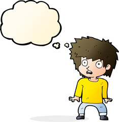 cartoon frightened boy with thought bubble