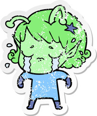 distressed sticker of a cartoon crying alien girl