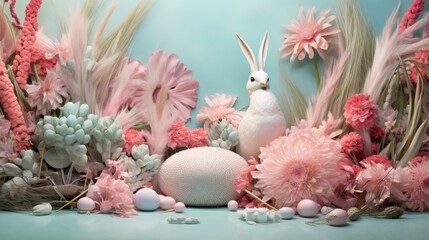 White Rabbit Amid Pink Flowers and Feathers