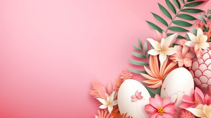 Naklejka na ściany i meble Blooming Flowers and Decorative Eggs on Pink Background