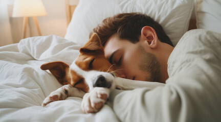 Young man and dog sleeping together in white bed at home - obrazy, fototapety, plakaty