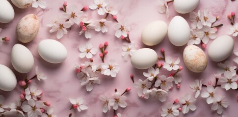 Arrangement of Eggs and Flowers on Pink Background