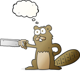 thought bubble cartoon beaver with saw