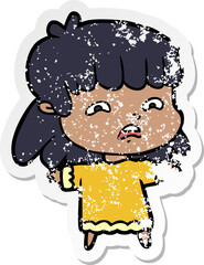 distressed sticker of a cartoon worried woman